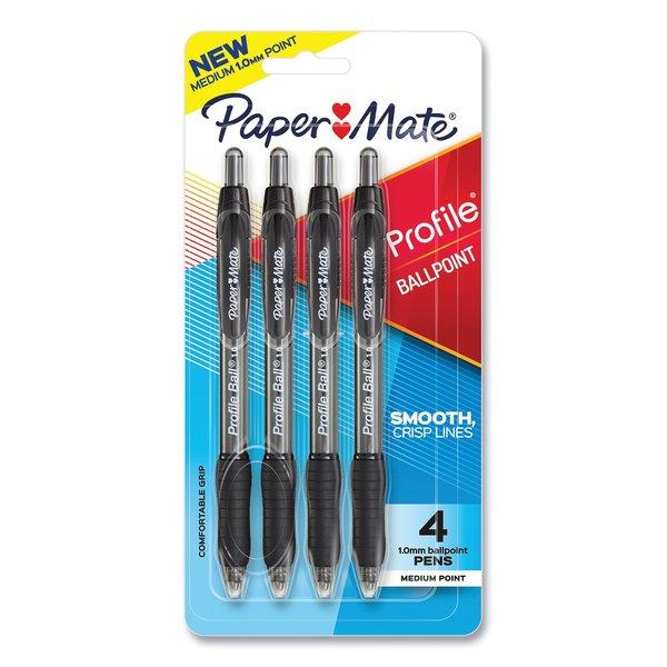 Paper Mate Profile Ballpoint Pen, Retractable, Medium 1 mm, Black Ink, Translucent Black Barrel, PK4, 4PK 2113558